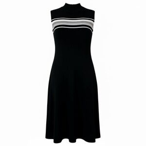 Vintage Crossing Point Bodycon Dress XL Black with White Stripes & Mock Neck